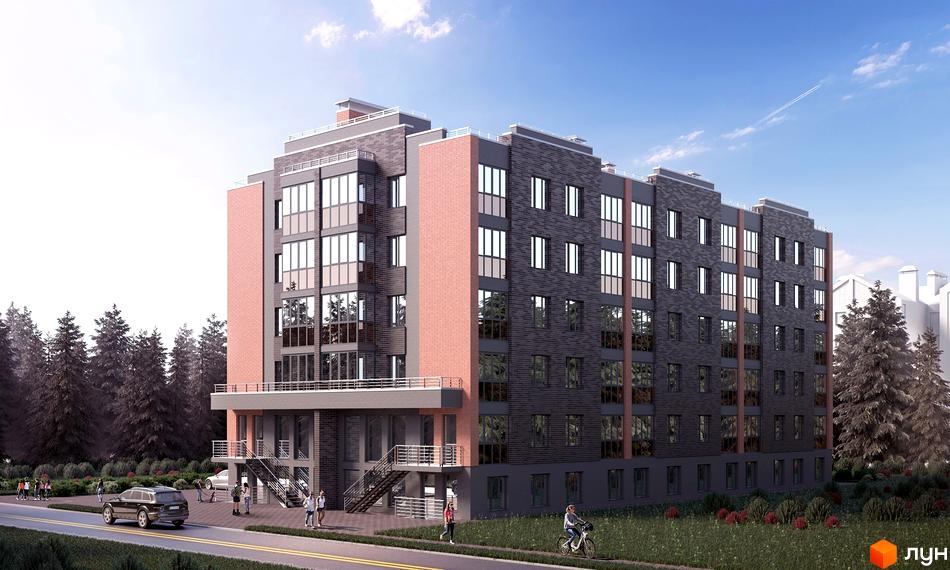 Житловий комплекс Перлина Ірпеня-2. Багатоповерховий будинок з великими вікнами та цегляним фасадом. На прибудинковій території є зелені насадження та дорога.