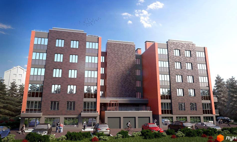 Багатоповерховий житловий комплекс Перлина Ірпеня-2 з фасадами з цегли та великими вікнами. Навколо будинку є парковка, зелені насадження та сосни.