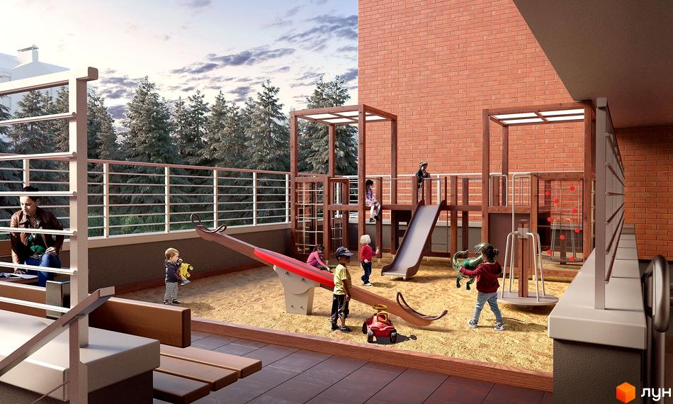 Цегляний будинок Житлового комплексу Перлина Ірпеня-2 та дитячий майданчик з пісочницею, гірками і гойдалками.