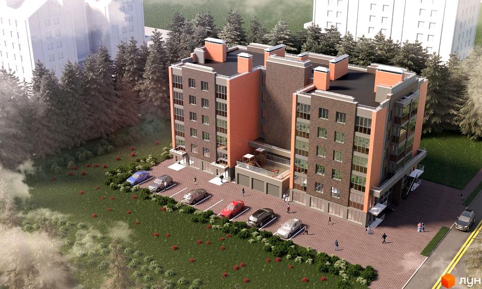 Житловий комплекс Перлина Ірпеня-2: цегляний будинок з коричневими та теракотовими фасадами, прибудинкова територія з парковкою та хвойними деревами.