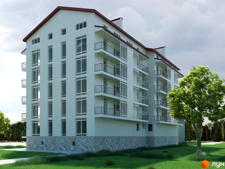 Зображення фасаду Житлового комплексу Європейський квартал. Багатоповерховий будинок з балконами та великими вікнами, зелена прибудинкова територія.