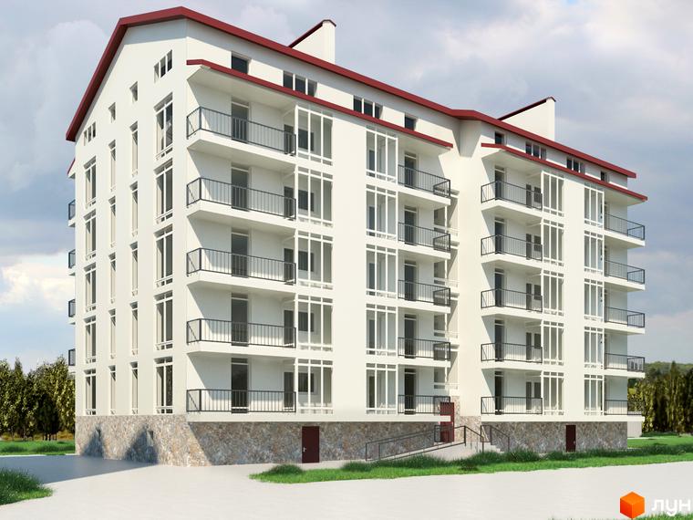 Зображення фасаду та прибудинкової території Житлового комплексу Європейський квартал. Багатоповерховий будинок з балконами та червоним дахом.