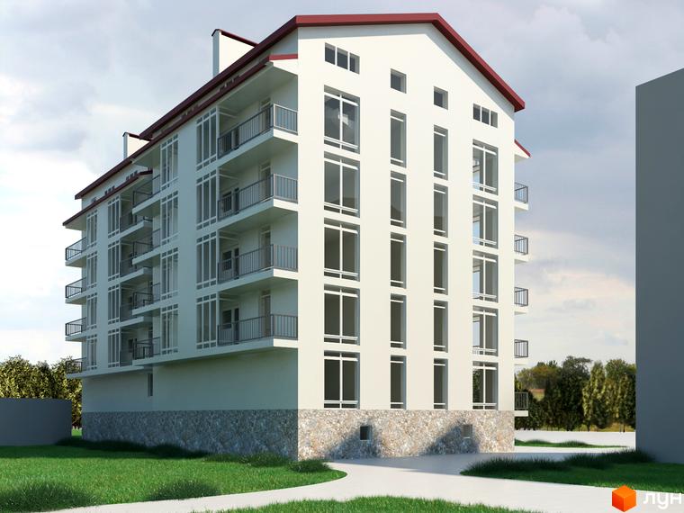 Зображення фасаду та прибудинкової території Житлового комплексу Європейський квартал. Багатоповерховий будинок з балконами та червоним дахом.