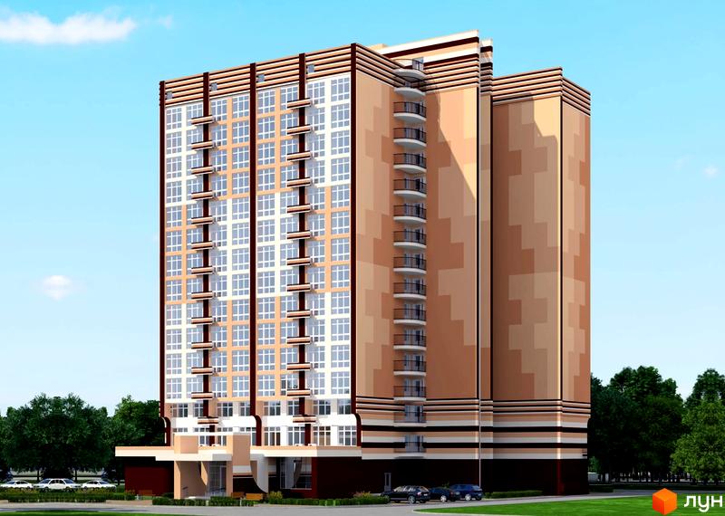 Висотна будівля апарт-комплексу „Оріон“ з великою кількістю вікон та балконами. На прибудинковій території видно дерева та автомобілі.