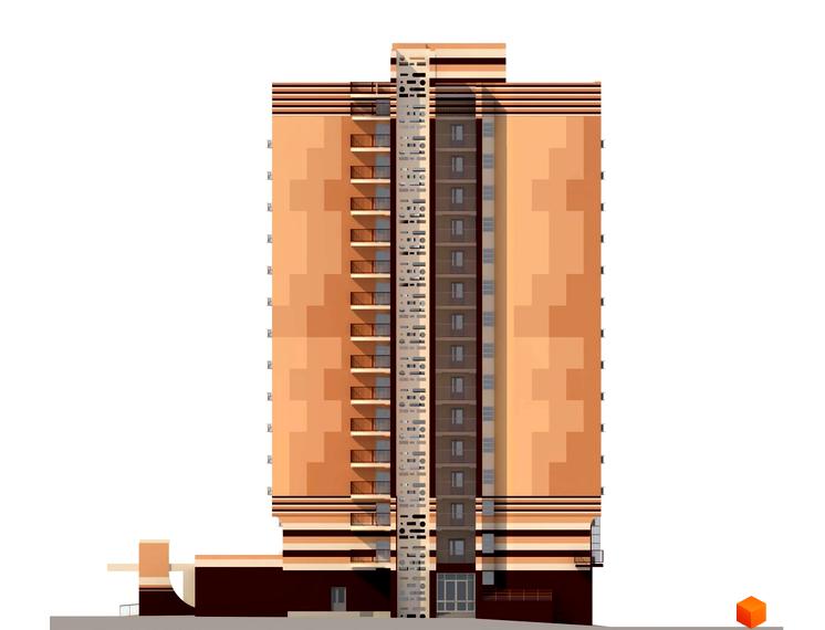 Багатоповерховий будинок Апарт-комплексу Оріон з бежевим фасадом, темними балконами та коричневими акцентами. Прибудинкова територія має простий дизайн.