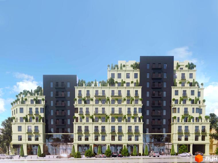 Новобудова Park Residence з багатоповерховими секціями та терасами, оздобленими зеленню. Фасад будівлі виконаний у світлих тонах з темними акцентами, з балконами та великими вікнами. Перед комплексом розташована дорога з автомобілями та дерева.