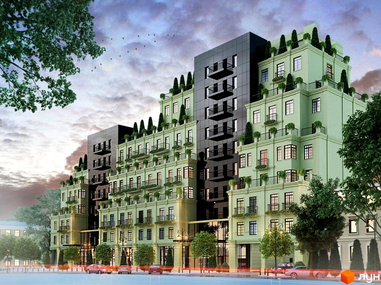 Новобудова Park Residence з світло-зеленим фасадом та чорною секцією. Навколо будівлі дерева та зелені насадження, на даху розташовані дерева.