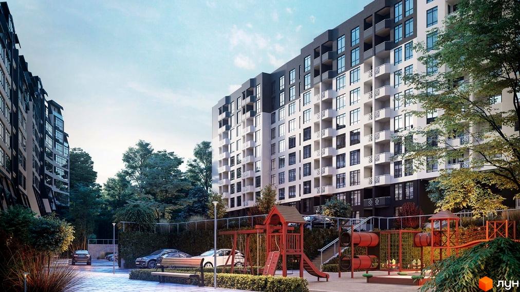 Зображення фасаду та прибудинкової території Житлового комплексу Львівський квартал. На фото дитячий майданчик, дерева та багатоквартирний будинок.