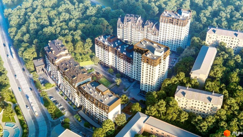 Зображення Житлового комплексу Львівський квартал. Вигляд на новобудову та прибудинкову територію з озелененням.