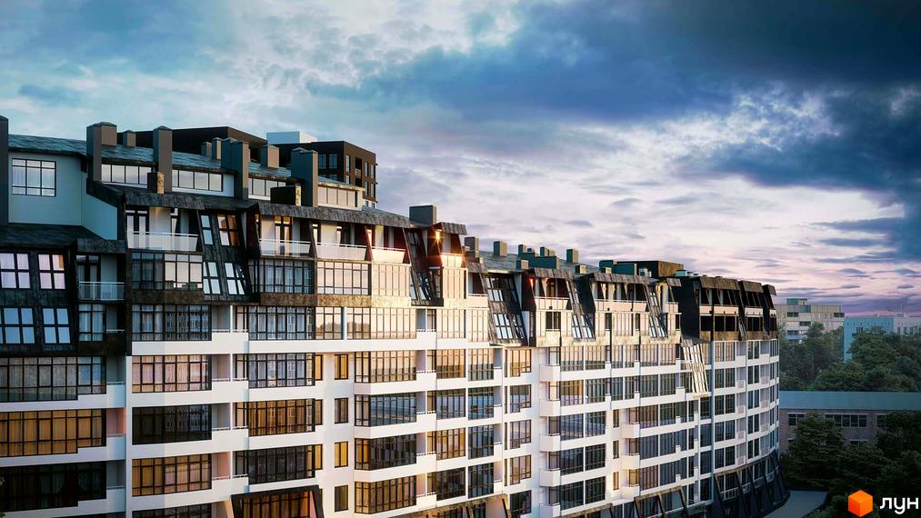 Житловий комплекс Львівський квартал: багатоповерховий будинок з вигнутим біло-темним фасадом, великими вікнами та балконами, на тлі хмарного неба та дерев.