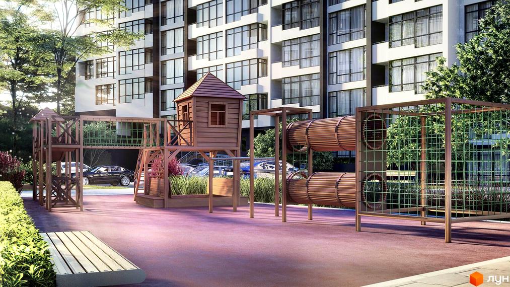 Багатоповерховий житловий будинок Житлового комплексу Львівський квартал з великими вікнами. На прибудинковій території облаштований дитячий майданчик.