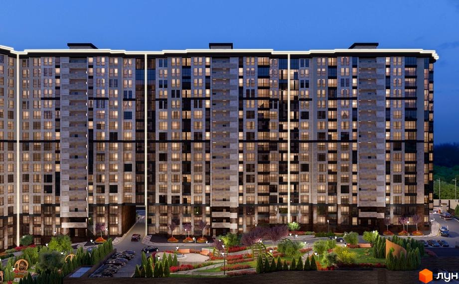 Житловий комплекс Crystal Towers з фасадами, оздобленими каменем та підсвіткою. На прибудинковій території розташовані зелені зони, лавки та ліхтарі.