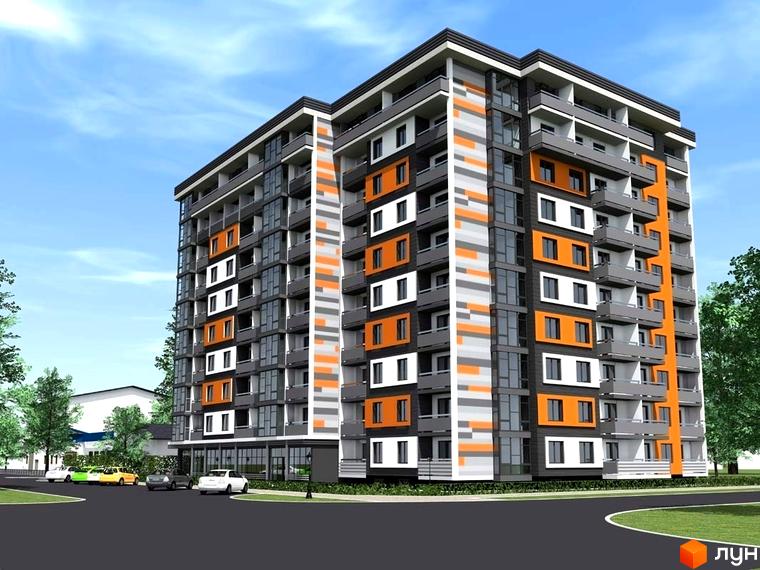 Зовнішній вигляд новобудови на Хлібній, 4 з сірими та помаранчевими фасадами, балконами та великими вікнами. Поруч розташована прибудинкова територія з зеленими насадженнями та автомобілями.