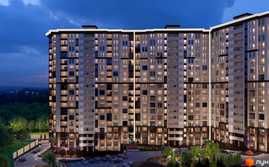 Житловий комплекс Crystal Towers з підсвіченими фасадами та вікнами вночі. Навколо будинку розташована прибудинкова територія з деревами та освітленням.