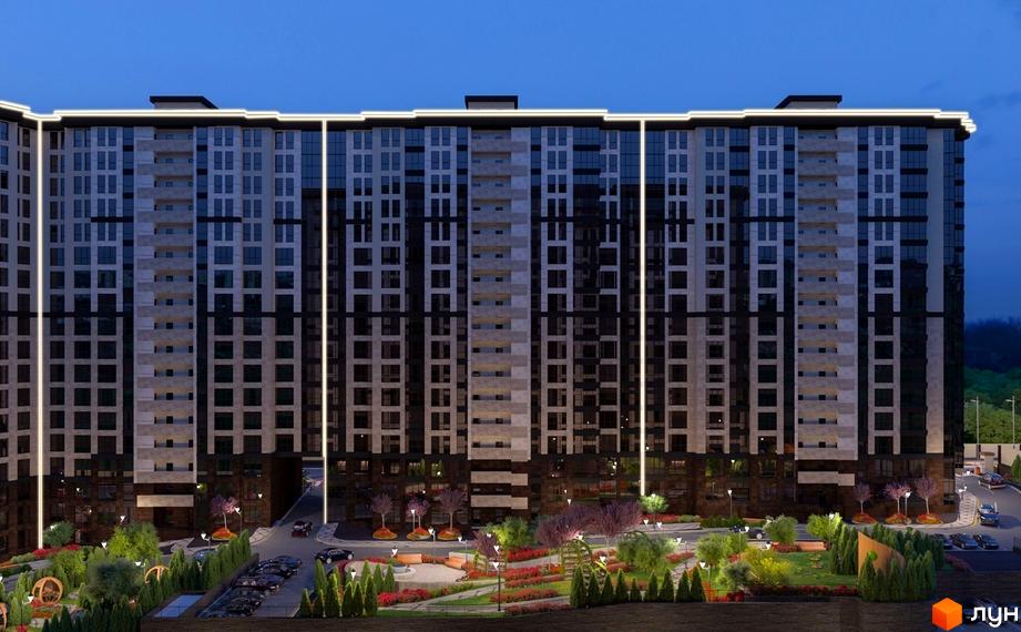 Житловий комплекс Crystal Towers з фасадом з темних та світлих панелей, скляними вікнами та вертикальним освітленням. Прибудинкова територія з зеленими насадженнями, лавками та освітленням.