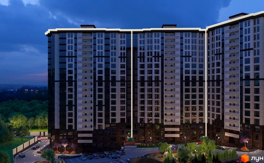 Житловий комплекс Crystal Towers – це сучасна новобудова з панорамними вікнами та підсвіткою фасаду. Навколо комплексу доглянута прибудинкова територія з деревами та місцями для відпочинку.