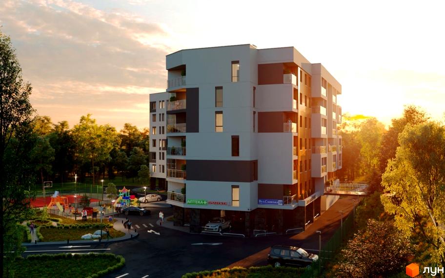 Багатоповерховий житловий будинок Житловий комплекс SloveSky з фасадами світлих та темних відтінків. Поруч розташовані дитячий та спортивний майданчики, а також зелені насадження.