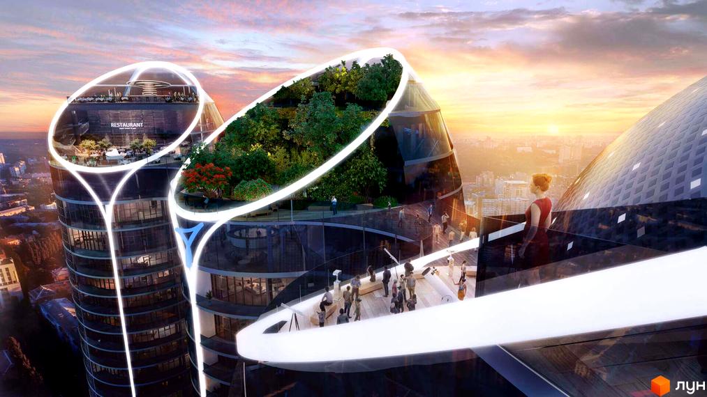 Taryan Towers - житловий комплекс з футуристичною архітектурою та зеленими терасами. На верхніх поверхах розташовані ресторани та зони відпочинку з панорамним видом на місто.