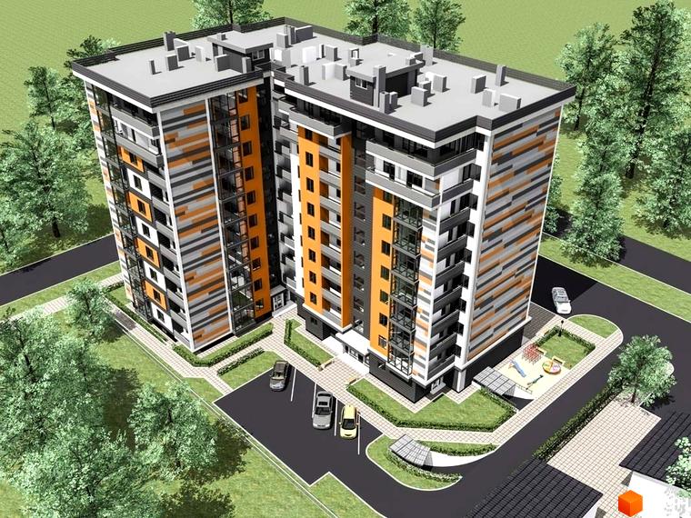 Сучасний житловий комплекс на вул. Хлібна, 4, з яскравим фасадом та прибудинковою територією з дитячим майданчиком та парковкою. Опис новобудови з озелененням.