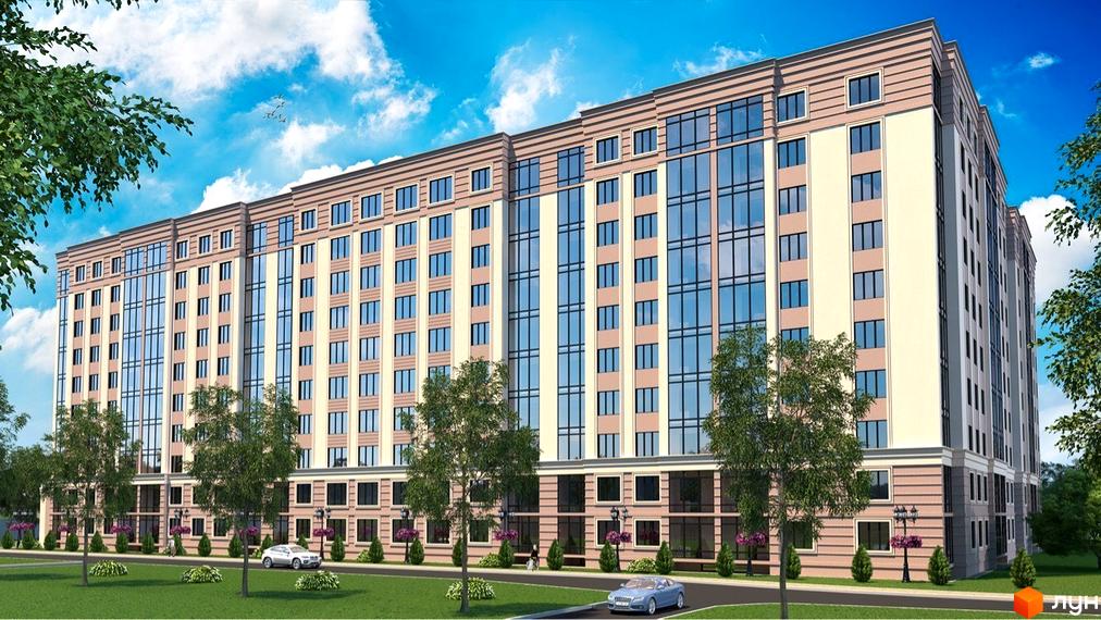 Житловий комплекс Avila. Багатоповерховий будинок зі світлим фасадом та великими скляними вікнами, розташований серед зелених газонів та дерев з дорогою попереду.