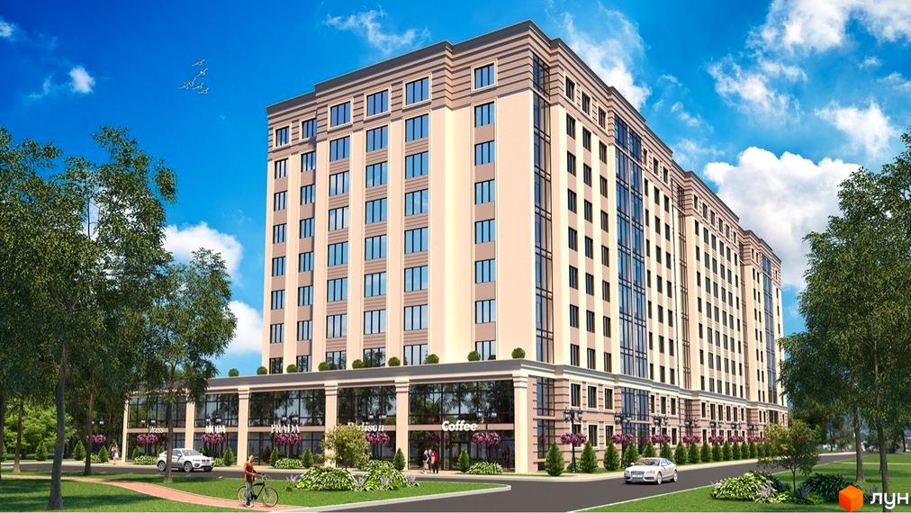 Житловий комплекс Avila: багатоповерховий будинок світлого кольору з комерційними приміщеннями на першому поверсі. Прибудинкова територія з зеленими насадженнями та доріжками.