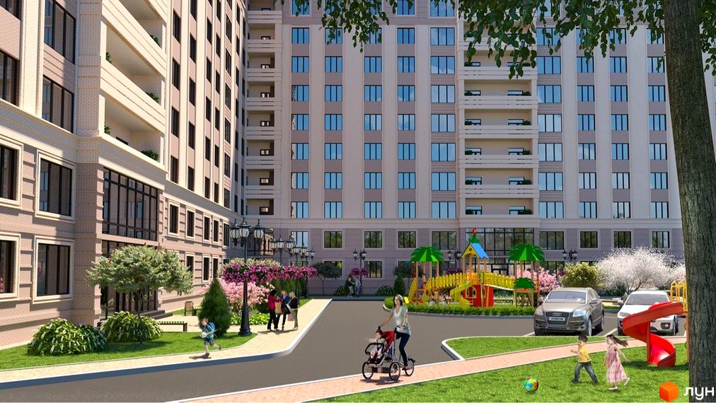 Житловий комплекс Avila. Багатоповерховий будинок з великими вікнами та балконами. На території є дитячий майданчик, зелені насадження та місця для відпочинку.