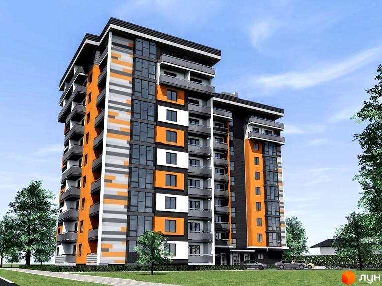 Новобудова на вулиці Хлібна, 4, з яскравим фасадом у помаранчевих та сірих кольорах. Прибудинкова територія з зеленим газоном та деревами.