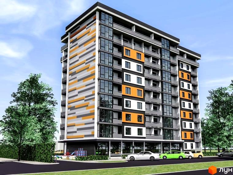 Житловий комплекс на вулиці Хлібна, 4. Сучасна новобудова з яскравим фасадом та прибудинковою територією з дитячим майданчиком та парковкою.