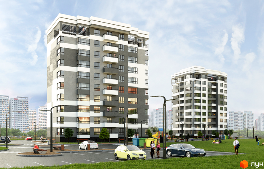 Житловий комплекс Світлий Хутір. Високі будинки з балконами та великими вікнами. На прибудинковій території є парковка, зелені насадження та дитячий майданчик.