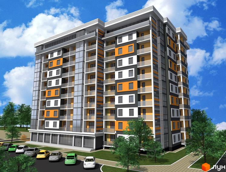 Сучасний житловий комплекс на вулиці Хлібна, 4, з яскравим фасадом та балконами. На прибудинковій території розташовані зелені насадження та парковка з автомобілями.