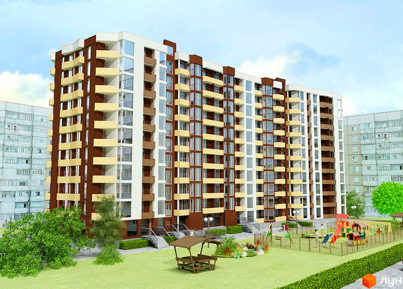 Багатоповерховий житловий будинок з коричнево-білим фасадом та жовтими балконами на вул. Тролейбусна, 3. Прибудинкова територія має зелений газон, дерева та дитячий майданчик.