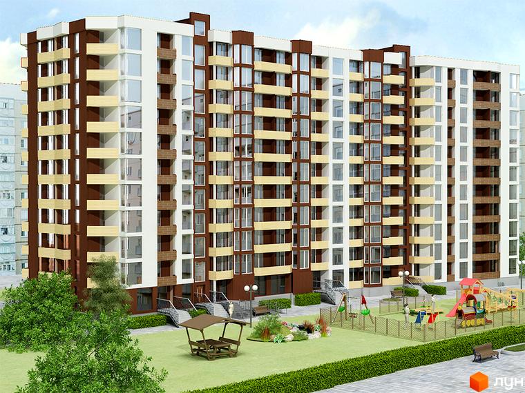 Багатоповерховий житловий будинок з коричнево-білим фасадом та світлими балконами, розташований на вул. Тролейбусна, 3. Прибудинкова територія має дитячий майданчик та альтанку.