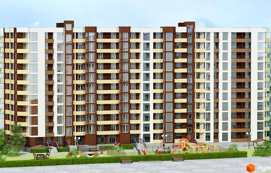 Житловий комплекс на вул. Тролейбусна, 3: багатоповерховий будинок з коричнево-бежевим фасадом та прибудинковою територією з дитячим майданчиком.