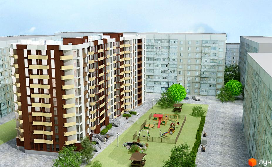 Житловий комплекс на вулиці Тролейбусна, 3. Багатоповерхові будинки з коричневими та білими фасадами, поруч дитячий майданчик та зелені насадження.