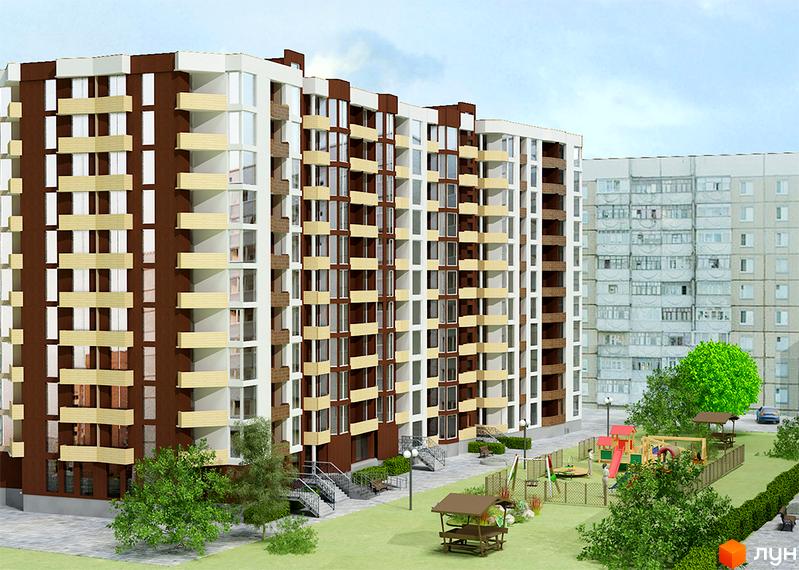 Житловий комплекс на вулиці Тролейбусна, 3. Багатоповерховий будинок з коричневими та білими фасадами, поруч дитячий майданчик та зелена зона.