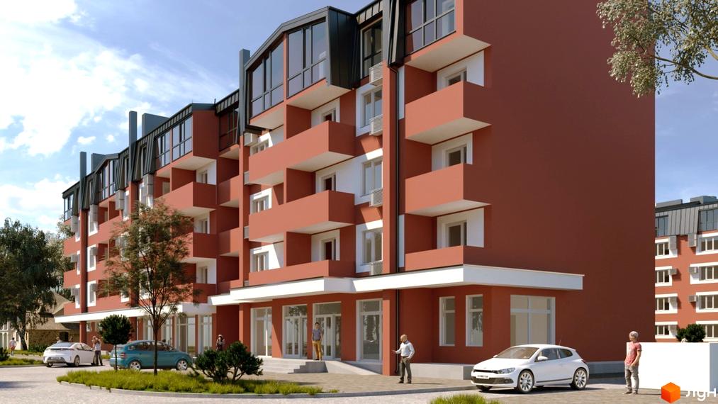 Зовнішній вигляд новобудови ЖК Гостомельські липки з червоними фасадами та балконами. Прибудинкова територія з деревами та автомобілями.