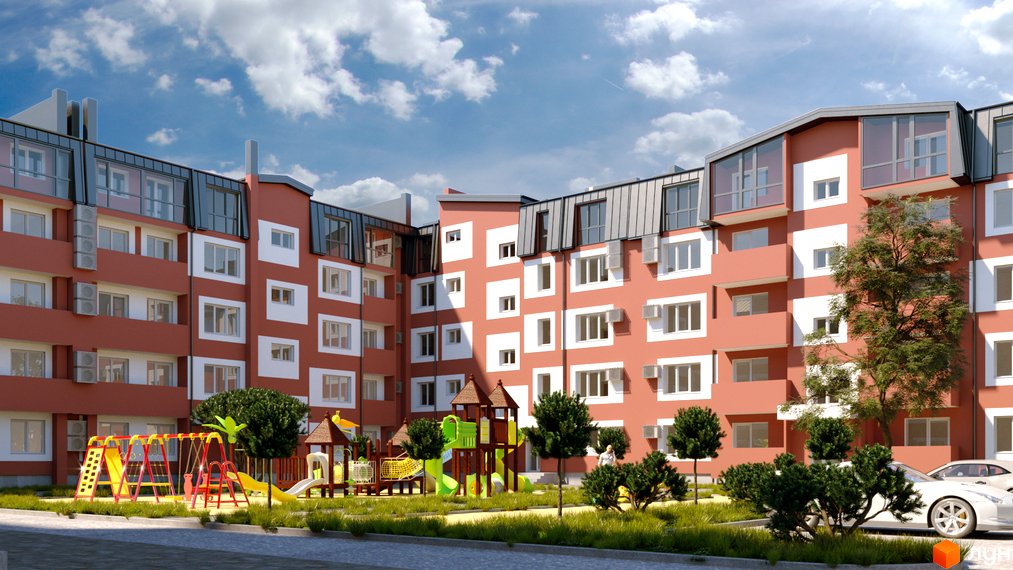 Житловий комплекс Гостомельські липки: червоно-біла фасадна частина будинку з великою кількістю вікон та балконів, дитячий майданчик з гірками та гойдалками на прибудинковій території.