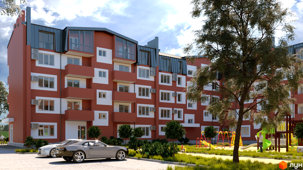 Житловий комплекс Гостомельські липки з червоно-білим фасадом та балконами. Поруч дитячий майданчик з гірками та гойдалками, а також припарковані автомобілі.