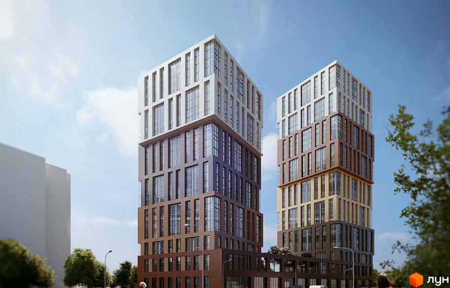 Житловий комплекс Грані: дві високі будівлі з багатосекційними фасадами у коричневих та світлих тонах, з великими вікнами. Навколо видно дерева та вулицю.