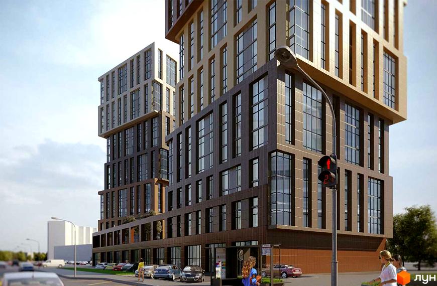 Висотна будівля ЖК Грані з великими вікнами та сучасним дизайном. Біля будинку розташована прибудинкова територія з автомобілями та пішоходами.