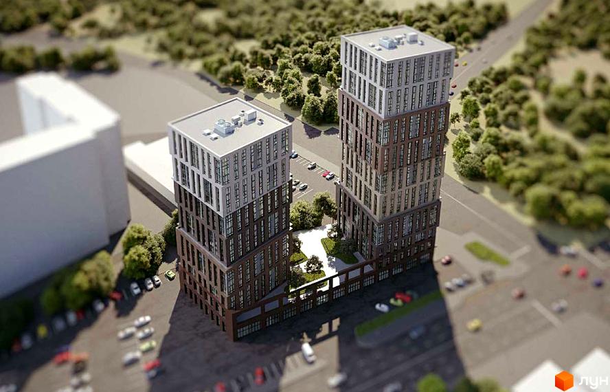 Житловий комплекс Грані: два багатоповерхові будинки з сірими та коричневими фасадами, оточені зеленими насадженнями та парковками.