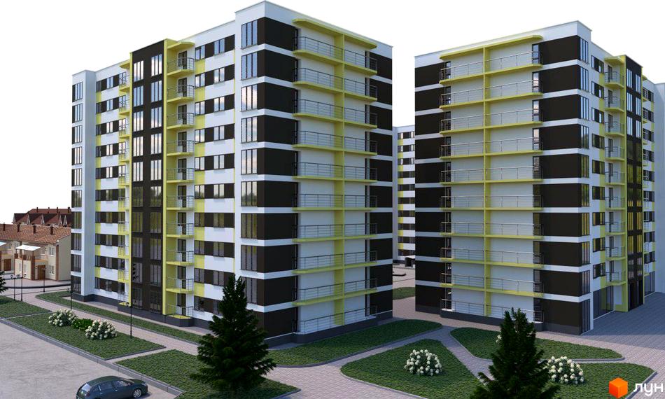 Житловий комплекс Новий Парковий. Багатоповерхові будинки з балконами та панорамними вікнами. На території є зелені зони, доріжки та парковка.