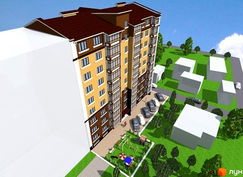 Зовнішній вигляд багатоповерхового будинку з жовтим фасадом та коричневим дахом. На прибудинковій території розташовані дитячий майданчик та парковка з автомобілями.