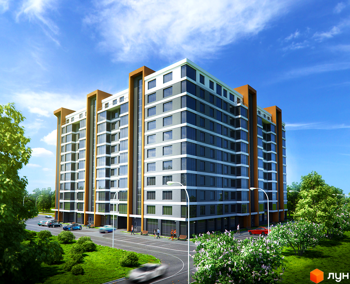 Зовнішній вигляд новобудови ЖК Зелений двір (Рясне) з багатоповерховими будинками та скляними фасадами. Навколо будинку зелена прибудинкова територія з деревами та кущами, а також дорога з автомобілями.