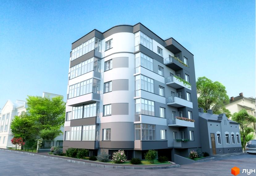 Багатоповерховий житловий будинок Клубний будинок Modern Lux з сіро-білим фасадом, скляними балконами та озелененням. Прибудинкова територія має доріжки та зелені насадження.