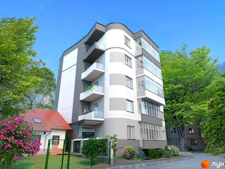 Клубний будинок Modern Lux. Багатоповерховий житловий будинок у сіро-білих тонах з балконами, оточений зеленими деревами та квітучими кущами.