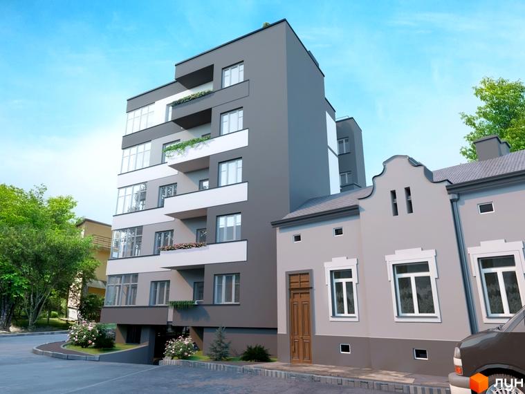 Фасад Клубного будинку Modern Lux сіро-білого кольору з балконами. Навколо будинку зелені насадження, дорога та прилегла забудова.