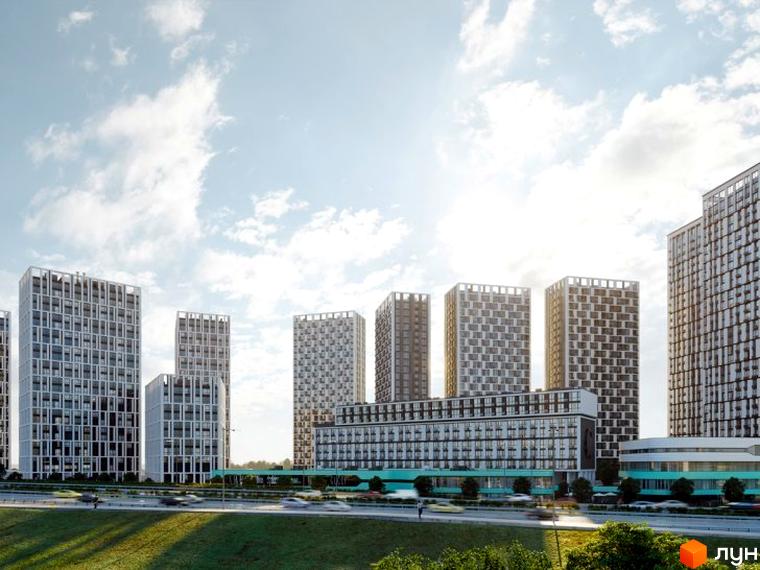 Житловий комплекс Славутич 2.0 - сучасний житловий комплекс з висотними будинками та прибудинковою територією. Фото фасаду новобудови.