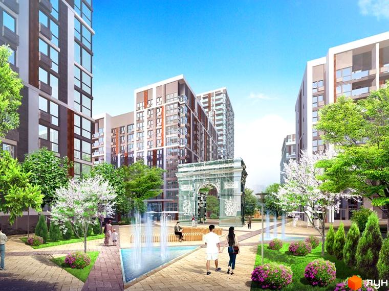 Житловий комплекс Французький квартал 2. Сучасна архітектура будівель з великою кількістю скління. Зелена прибудинкова територія з фонтаном та місцями для відпочинку.