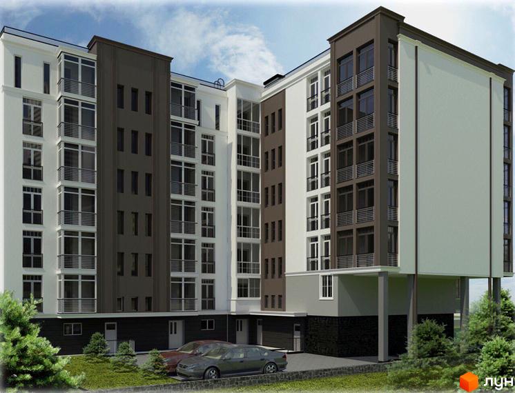 Житловий комплекс Львівська Мрія (Шевченко) з контрастними фасадами, великими вікнами та балконами. Прибудинкова територія з зеленими насадженнями та парковкою.